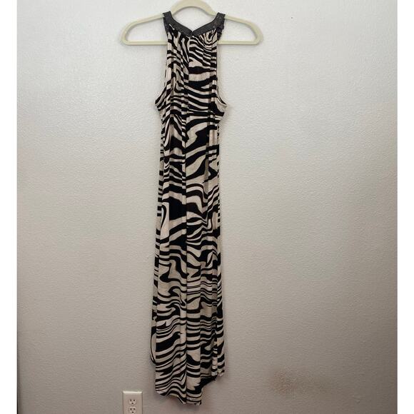 Y2K Brown Zebra Print Flowy Leather Buckle Halter Neck Maxi Dress - Picture 5 of 15